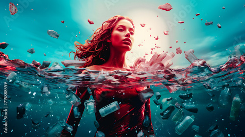 Jeune femme se baignant dans une mer polluée avec des bouteilles de plastique photo
