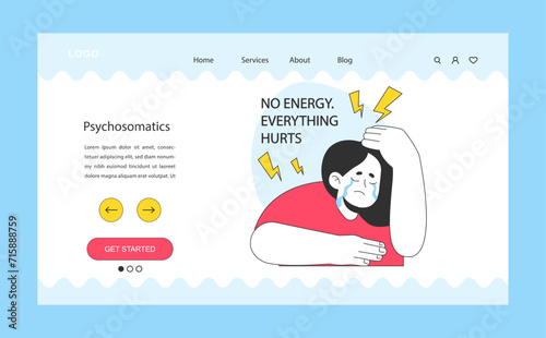 Psychosomatics web banner or landing page. Neurosis, chronic stress and anxiety mental disorder. Crying sad woman suffering from pain and low energy. Flat vector illustration