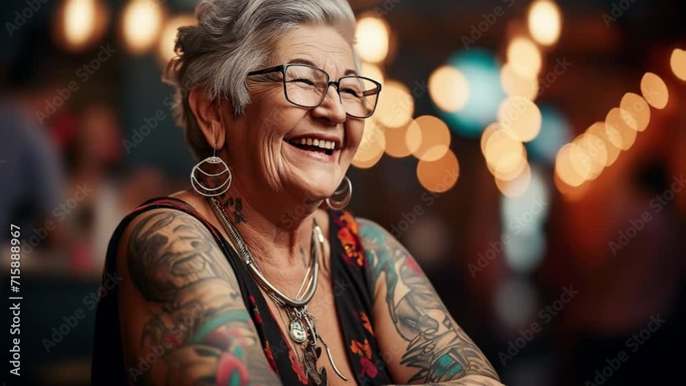 Animated photo shows 60 year old tattooed Caucasian woman sitting in a club. She is laughing and having a lot of fun. lub atmosphere and silhouettes of other guests are blurred in the background. Animated photo shows 60 year old tattooed Caucasian woman sitting in a club. She is laughing and having a lot of fun. lub atmosphere and silhouettes of other guests are blurred in the background.