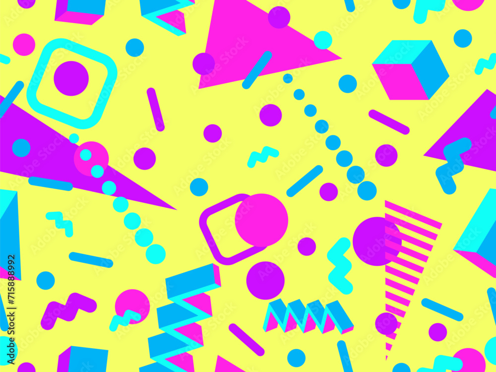 Memphis seamless pattern with 3d geometric shapes in 80s style. Colorful geometric pattern with isometric 3d shapes. Design of promotional products, wrapping paper and printing. Vector illustration