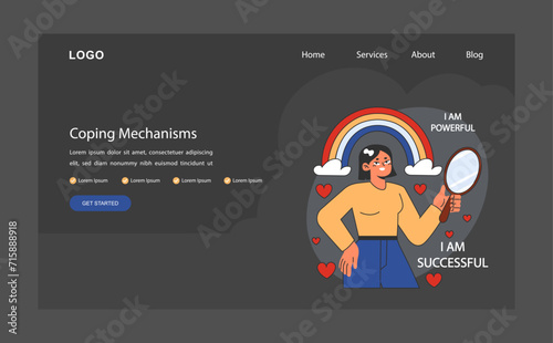 Overcoming fears web or landing dark or night mode. Characters confronting fears with desensitization, reframing and exposure strategy. Affirmations and visualization. Flat vector illustration