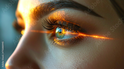 Close up of female eye with laser beam projection. Eyesight vision correction concept photo
