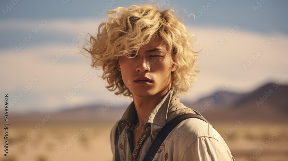 Photorealistic Teen Chinese Man with Blond Curly Hair retro Illustration. Portrait of a person in western movie vintage style. Cowboy spirit Ai Generated Horizontal Illustration. Photorealistic Teen Chinese Man with Blond Curly Hair retro Illustration. Portrait of a person in western movie vintage style. Cowboy spirit Ai Generated Horizontal Illustration.