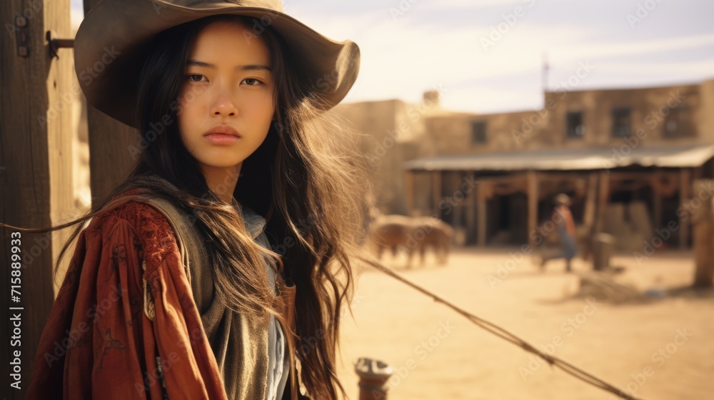 Photorealistic Teen Chinese Woman with Brown Straight Hair retro Illustration. Portrait of a person in western movie vintage style. Cowboy spirit Ai Generated Horizontal Illustration.