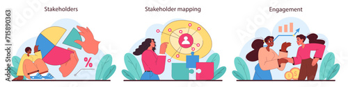 Stakeholder engagement set. Illustrating dynamic interactions, strategic mapping, and active participation within a business context. Enhancing corporate relations. Flat vector illustration.