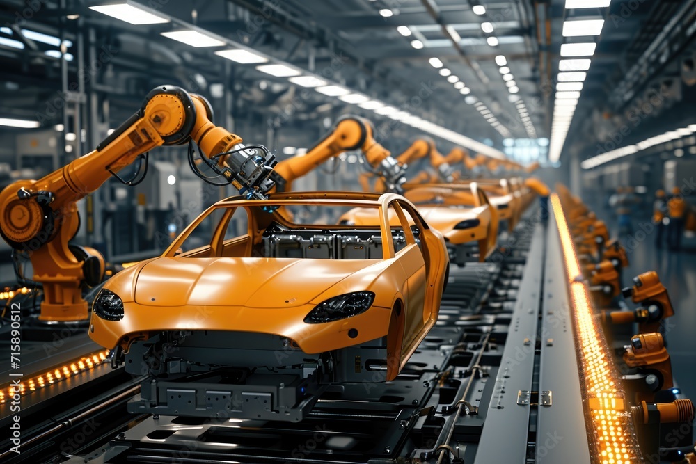 Car factory 3D concept with automated robot arm assembly line producing electronic vehicles.