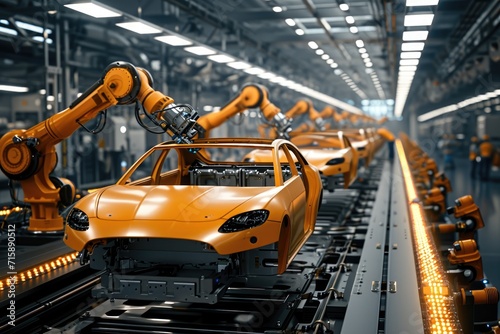 Car factory 3D concept with automated robot arm assembly line producing electronic vehicles.