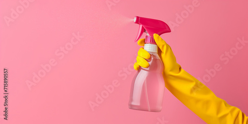 a hand in a yellow glove holds a pink spray bottle for cleaning on a soft pink background. Concept for advertising cleaning services, web template with space for text on the left. photo