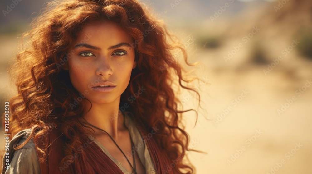 Photorealistic Teen Indian Woman with Red Curly Hair retro Illustration. Portrait of a person in western movie vintage style. Cowboy spirit Ai Generated Horizontal Illustration.