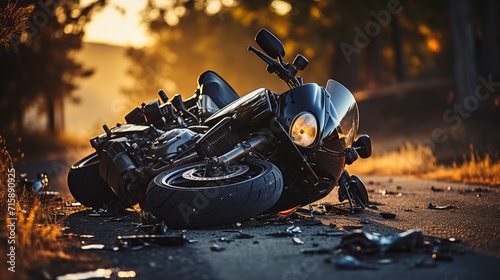 Close up of a motorcycle accident scene on the road with emergency response and damaged vehicle