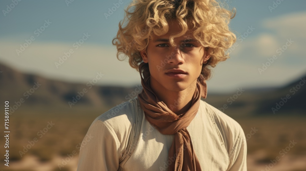 Photorealistic Teen Latino Man with Blond Curly Hair retro Illustration. Portrait of a person in western movie vintage style. Cowboy spirit Ai Generated Horizontal Illustration. Photorealistic Teen Latino Man with Blond Curly Hair retro Illustration. Portrait of a person in western movie vintage style. Cowboy spirit Ai Generated Horizontal Illustration.