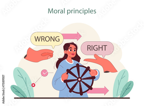Moral Principles concept. A character navigates right and wrong with a moral compass, amidst directional choices. Flat vector illustration.