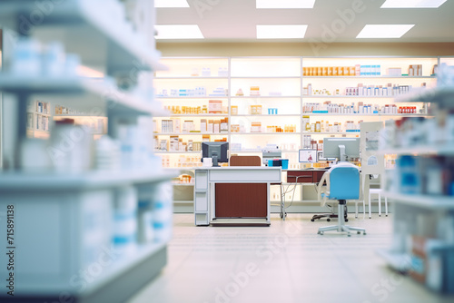Blurred pharmacy drugstore interior with rows and shelves with medications remedies. Medical background photo