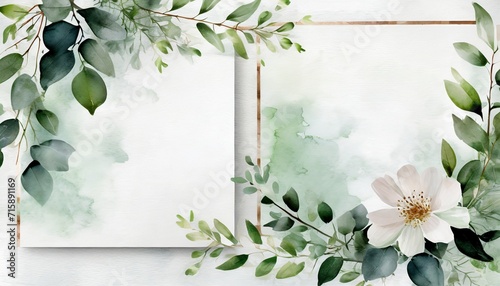 ready to use card herbal watercolor invitation design with leaves flower and watercolor background floral elements botanic watercolor illustration template for wedding frame #715891169