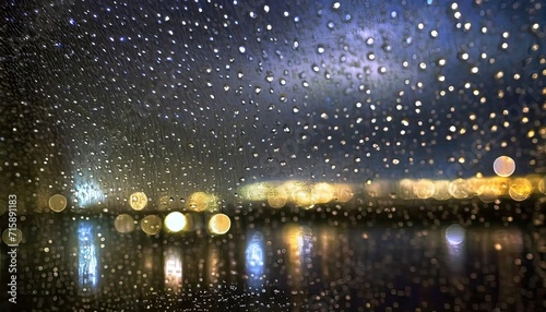 raindrops on windowpane with city lights