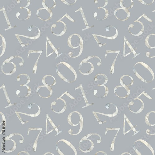 Seamless pattern of watercolor illustration collection of marble numbers from 1 to 0. Hand painted elements drawing on light background. For fabric, sketchbook, wallpaper, wrapping, creative design.