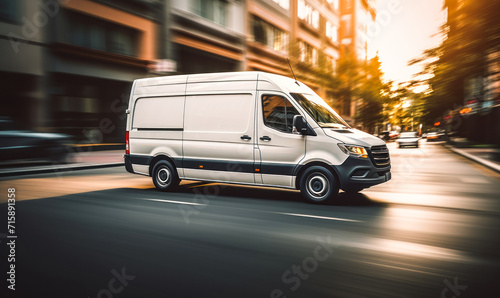 Speeding White Delivery Van in Urban Setting Captures the Fast-Paced Nature of City Logistics and E-commerce Delivery Services