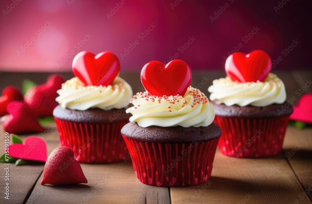 Romantic postcard with cupcakes on grey wooden table background. Valentines day, Mothers day food concept image. Banner for Valentines Day card, romantic design, voucher, greeting card. Copy space.