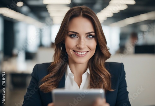 Portrait of happy businesswoman with touchpad in office looking at camera portrait, headshot