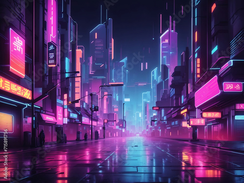 The futuristic city in the style of cyberpunk. Empty street with colourful neon lights. Beautiful night cityscape design.