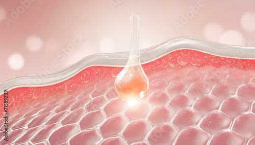 Closeup of Collagen of Skin - Molecules and Bubbles representing Cells and Vitamin Application - Skin Care Cosmetic 3D Render.