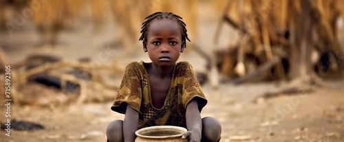 hungry poor african girl, in dirty clothes, stands with an empty bowl waiting for food against the backdrop of a poor destroyed village concept: poor african children, humanitarian aid, poverty in afr photo