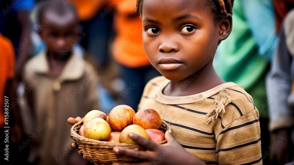 A little hungry African girl holds a basket of fruit, standing in front of other hungry children in bright clothes. - obrazy, fototapety, plakaty 