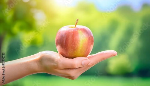 hand holding an apple with a blurred green background