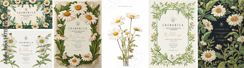 Chamomile. Illustrations of daisy flowers and leaves for frame, border, vintage wedding invitations on craft paper, floral greeting card, flyer or template in elegant trendy style