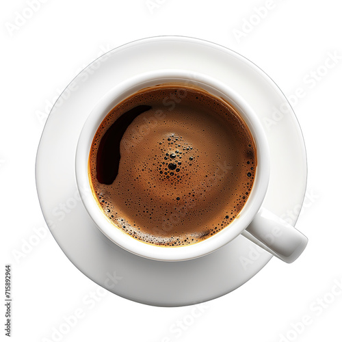 A close-up top view of a cup of freshly brewed coffee, showcasing the rich brown color and bubbles on the surface, served in a white cup and saucer.