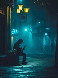 Silhouette of a man playing guitar in the street at night. Lone street musician playing a haunting melody under dim streetlights. 