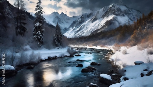 winter landscape with river and mountains 