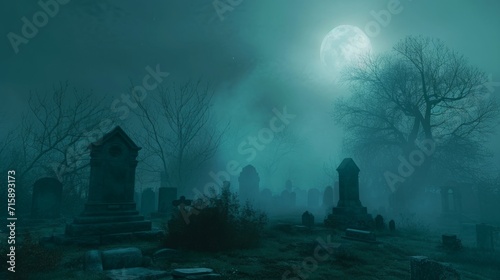 Foggy graveyard at night with full moon. Halloween concept. A moonlit graveyard shrouded in fog, with tombstones casting long shadows. cool blues and greens to evoke a spectral ambiance.