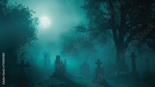 Foggy graveyard at night with full moon. Halloween concept. A moonlit graveyard shrouded in fog  with tombstones casting long shadows. cool blues and greens to evoke a spectral ambiance.