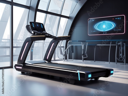 the generic futuristic design of a gym treadmill machine with an interactive screen design. photo
