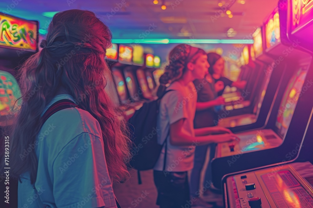 Back view of female friends playing arcade game at night in entertainment center. A nostalgic scene of friends enjoying classic arcade games in a retro-styled gaming lounge.