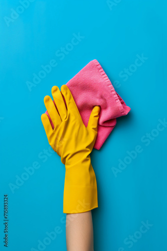 A hand in a yellow glove holds a pink cleaning rag on a blue background. Photo concept of spring cleaning in the office and home. Design vertical banner template with place for text, copy space