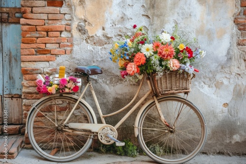 Vintage bicycle with basket of flowers in front of brick wall. A nostalgic snapshot of a vintage bicycle with a basket overflowing with colorful flowers and gifts, parked against a rustic brick wall. 