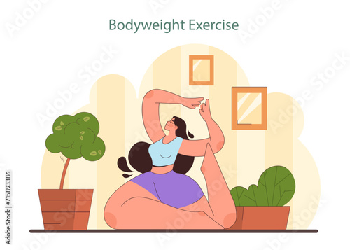 Home Workout illustration. A woman performs bodyweight exercise, promoting fitness and flexibility in a cozy home setting with indoor plants. Flat vector illustration. photo