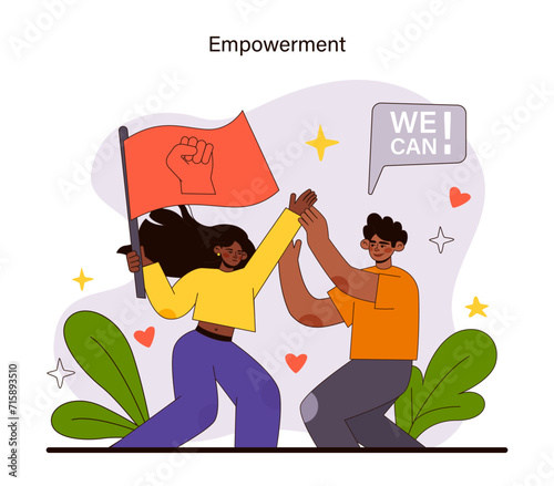 Empowerment concept. Individuals unite in a high-five, beneath symbols of strength and capability. Celebrating self-confidence and communal support. Victory and advocacy energy. Flat vector .