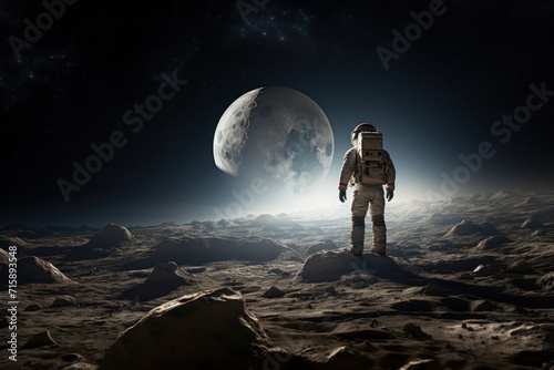  a man in a space suit standing on a rocky surface next to a moon and a distant object in the distance.