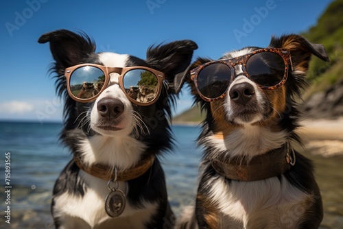  a couple of dogs sitting next to each other on top of a sandy beach next to a body of water. © Shanti