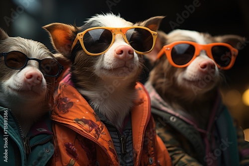  a group of three dogs wearing sunglasses on top of a bed of other dogs wearing sunglasses on top of a bed of other dogs. © Shanti