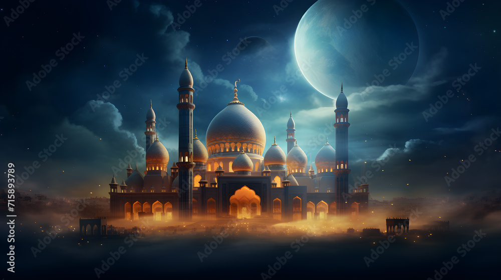 Ramadan Kareem religious background with mosque silhouette