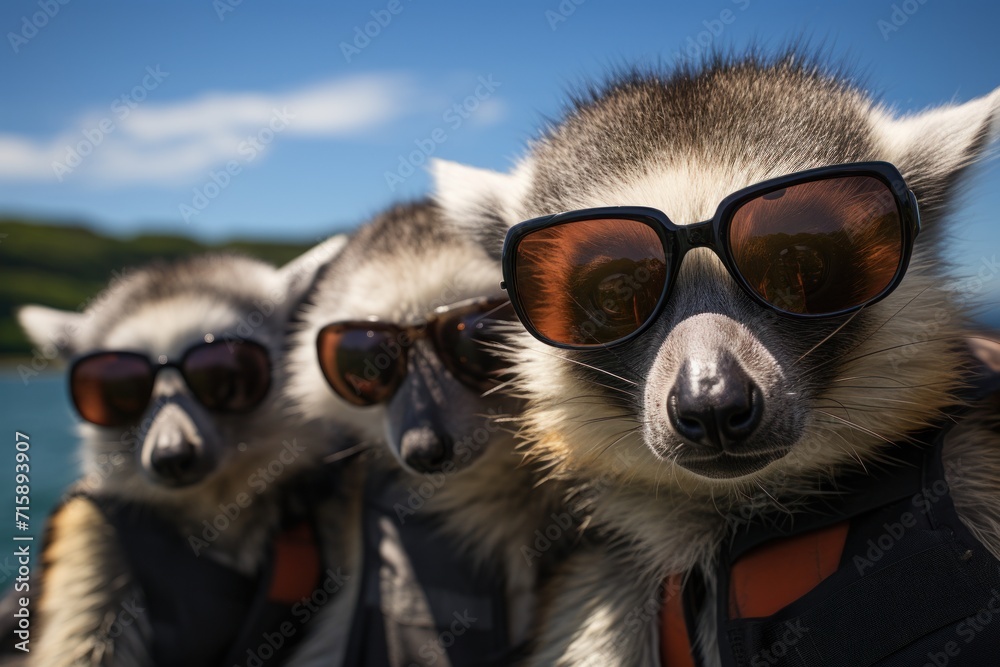  a group of raccoons wearing sunglasses on top of a body of water with a blue sky in the background.