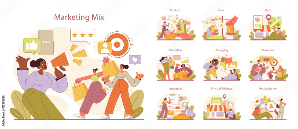 Marketing Mix set. Diverse business strategies from product development to personalization. Engaging visual guide for effective market presence. Flat vector illustration.