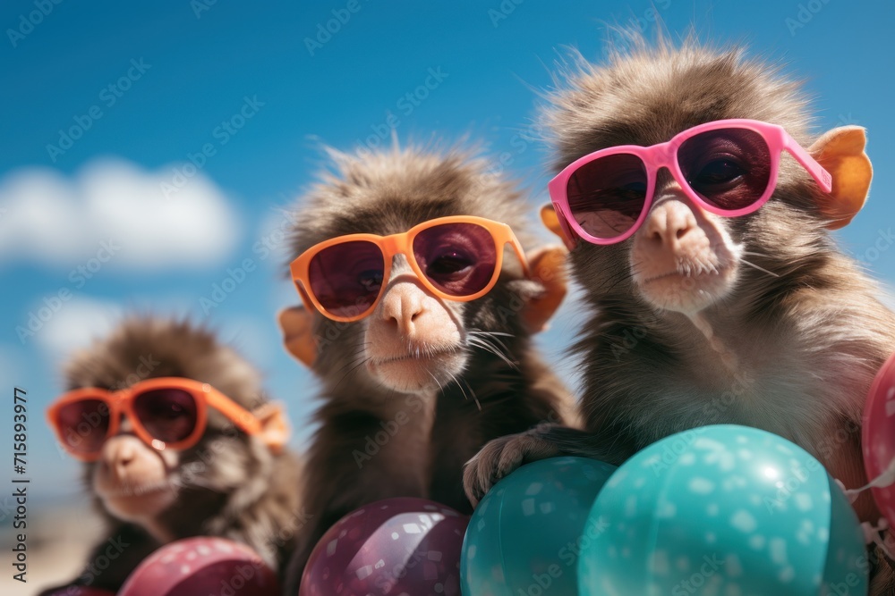  a group of monkeys sitting next to each other on top of a pile of balloons and wearing pink and orange sunglasses.