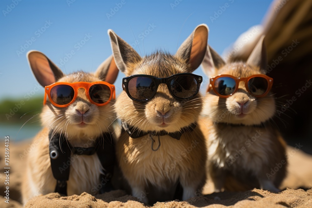  a group of small animals wearing sunglasses on top of a sandy beach with a body of water in the background.
