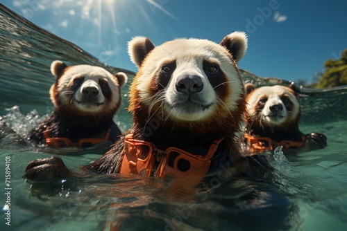  three brown and white pandas in the water with their heads above the water's surface looking at the camera.