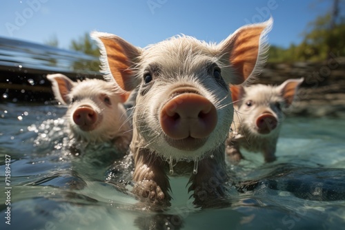  a group of three pigs swimming in a body of water with their heads sticking out of the water's surface.